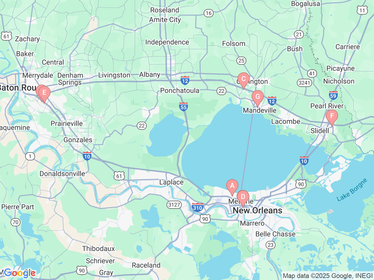 Map of Ochsner-affiliated facilities that provide services related to Child and Adolescent Psychiatry and Psychology