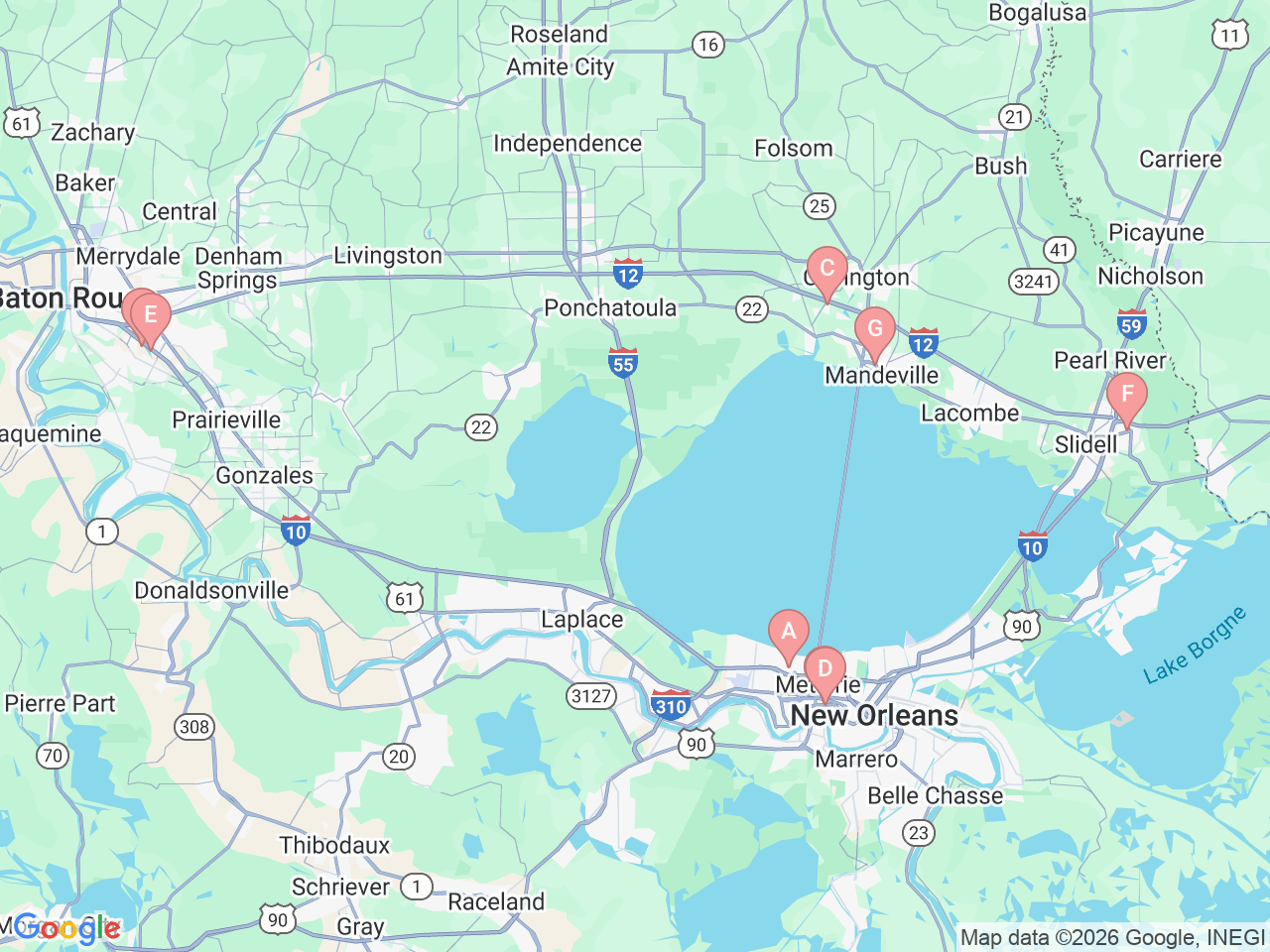 Map of Ochsner-affiliated facilities that provide services related to Child and Adolescent Psychiatry and Psychology