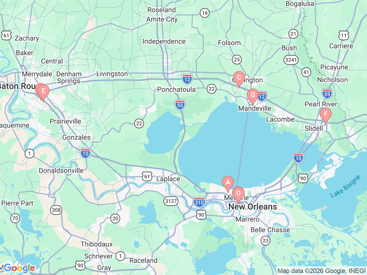 Map of Ochsner-affiliated facilities that provide services related to Child and Adolescent Psychiatry and Psychology