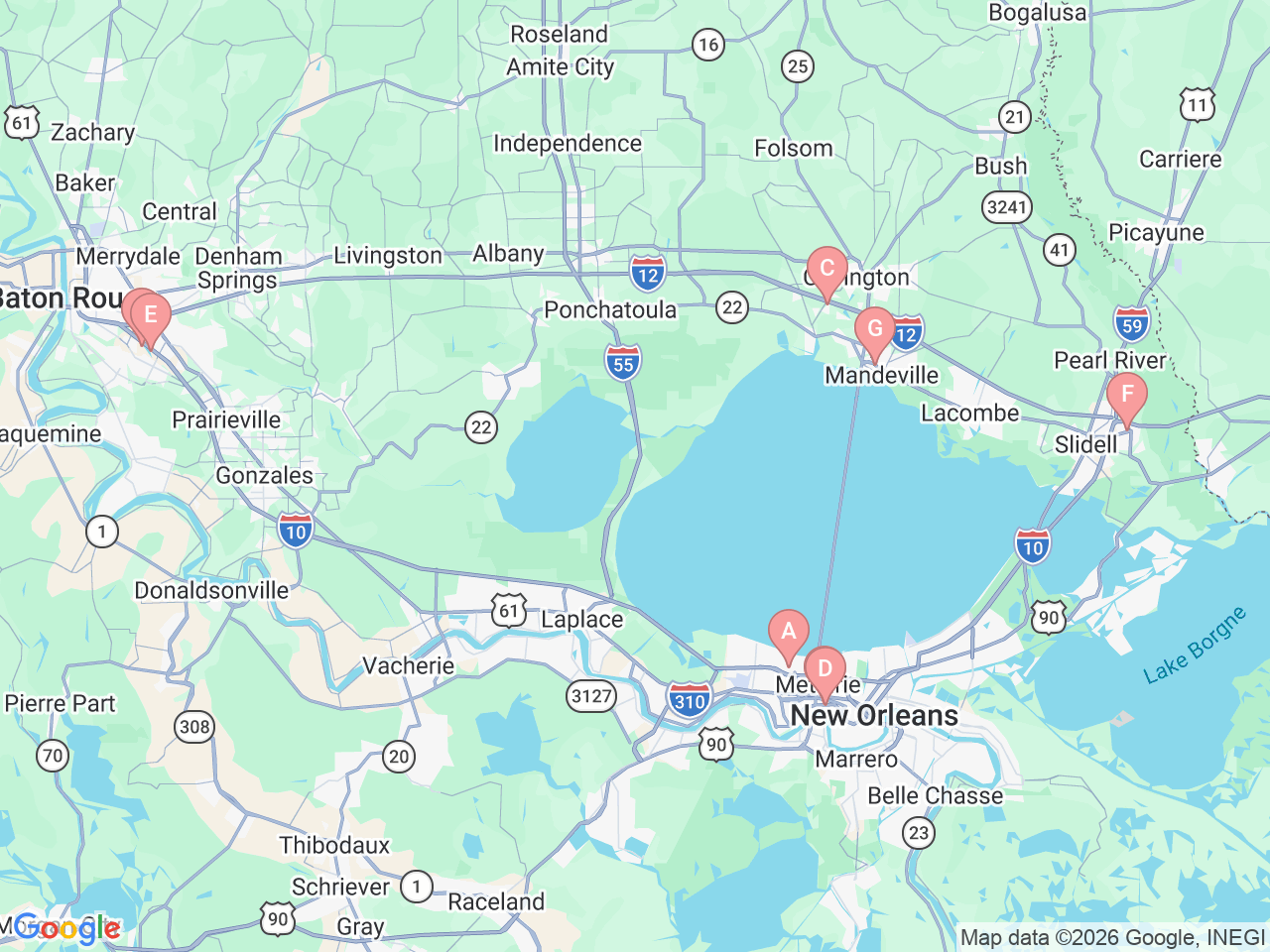 Map of Ochsner-affiliated facilities that provide services related to Child and Adolescent Psychiatry and Psychology