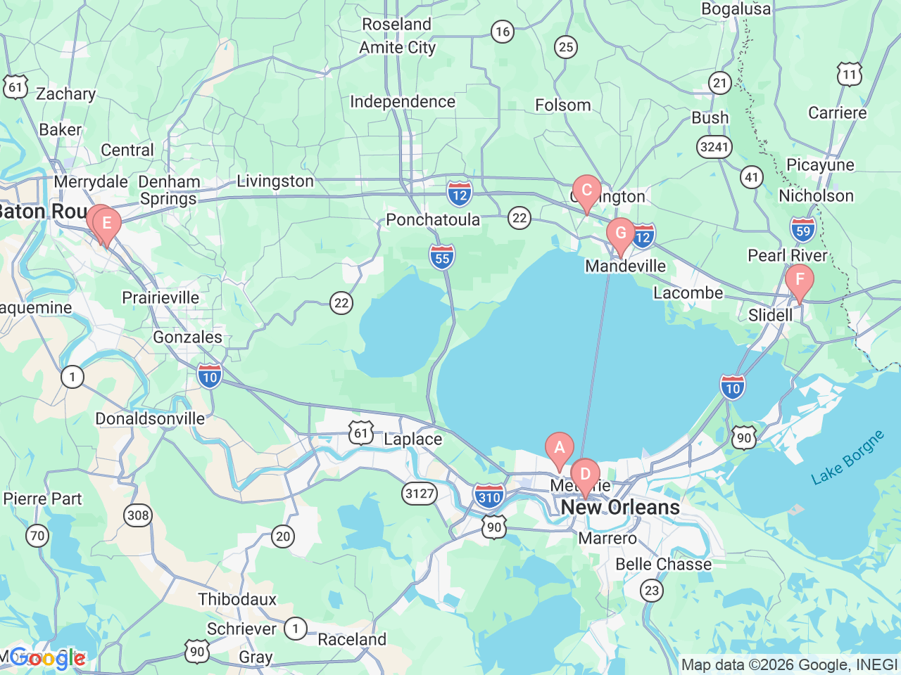 Map of Ochsner-affiliated facilities that provide services related to Child and Adolescent Psychiatry and Psychology