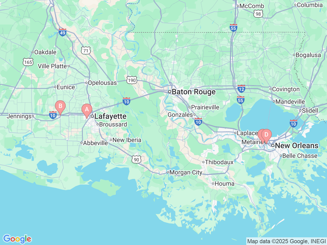 Map of Ochsner-affiliated facilities that provide services related to Child and Adult Hip Preservation