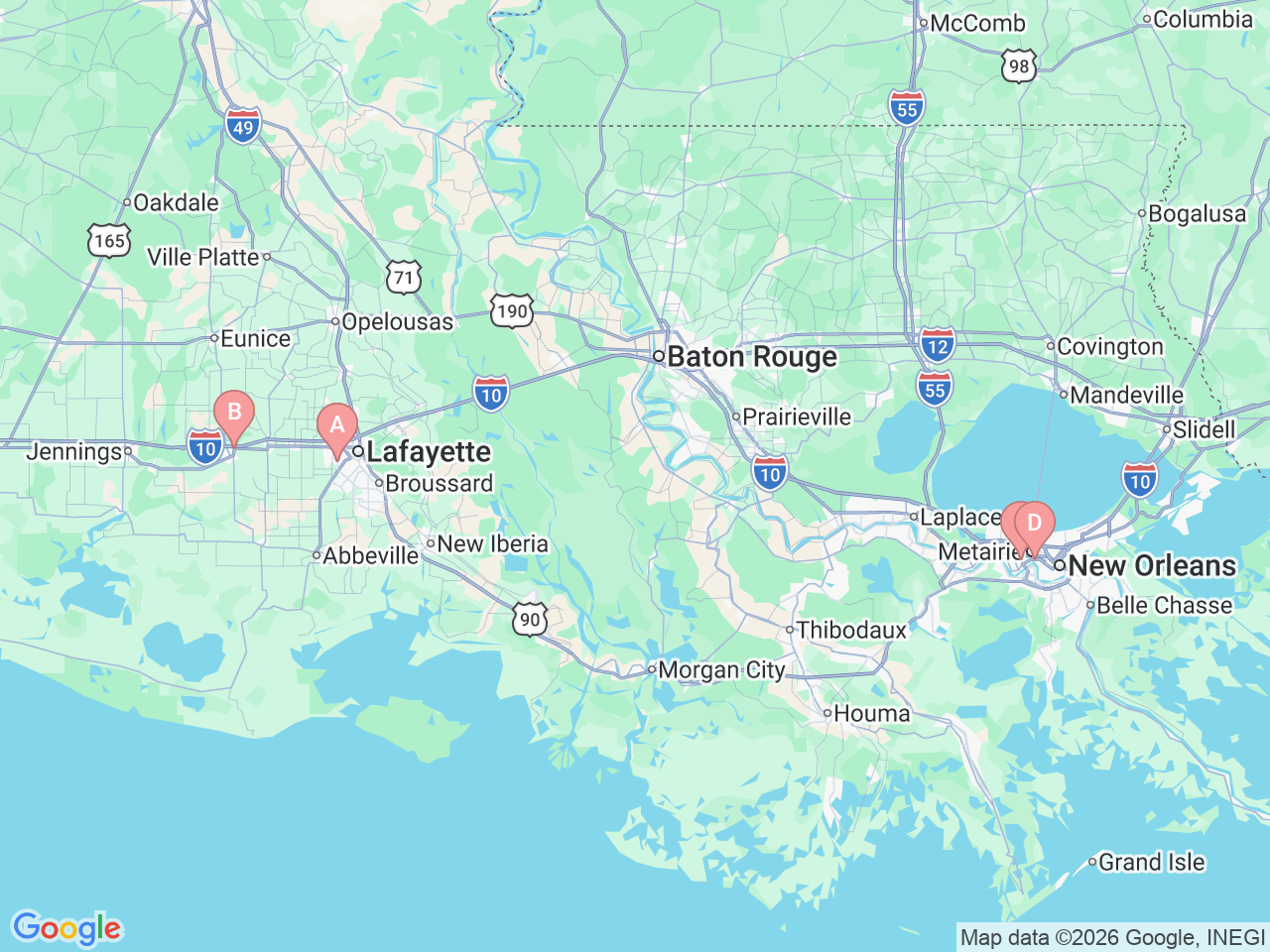 Map of Ochsner-affiliated facilities that provide services related to Child and Adult Hip Preservation