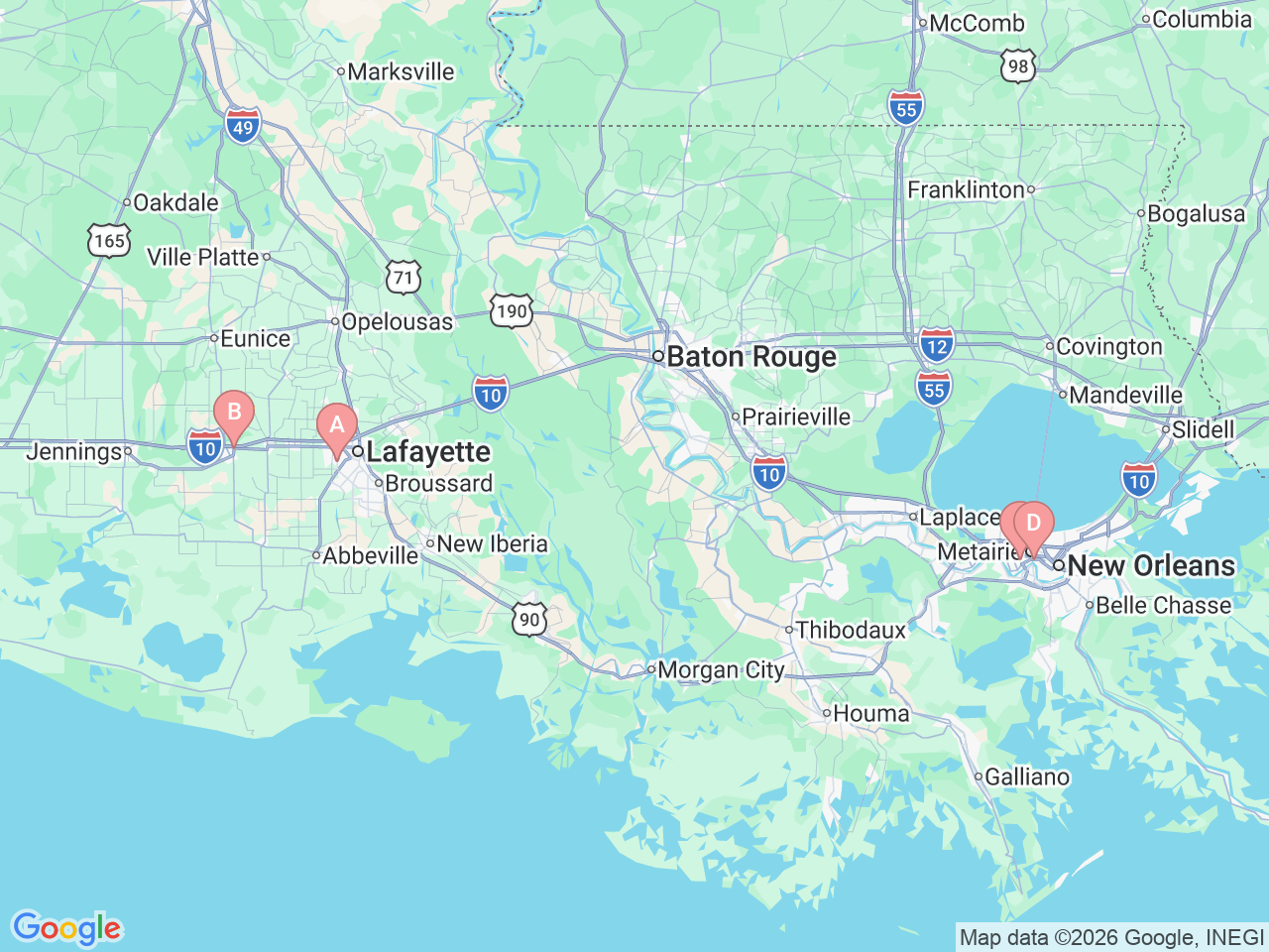 Map of Ochsner-affiliated facilities that provide services related to Child and Adult Hip Preservation
