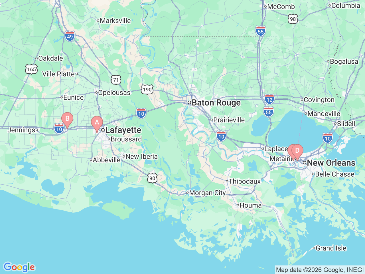 Map of Ochsner-affiliated facilities that provide services related to Child and Adult Hip Preservation