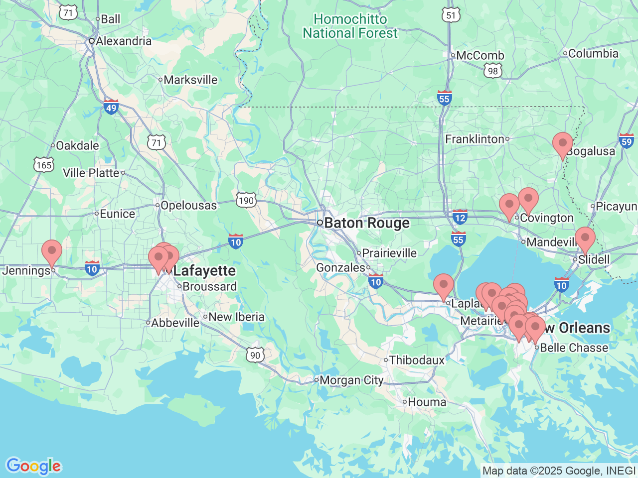 Map of Ochsner-affiliated facilities that provide services related to Chronic Care Management