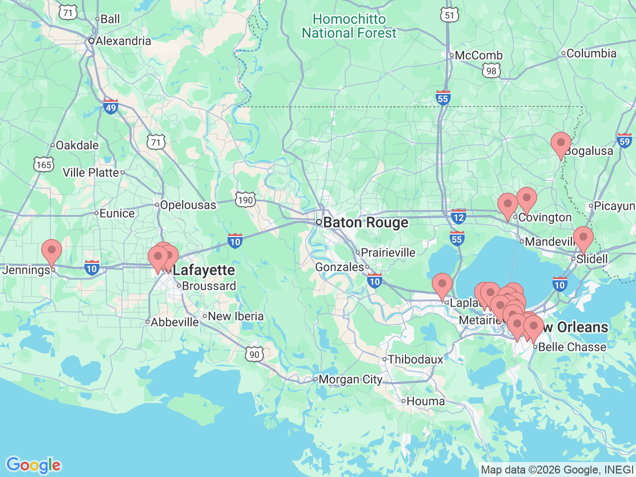 Map of Ochsner-affiliated facilities that provide services related to Chronic Care Management
