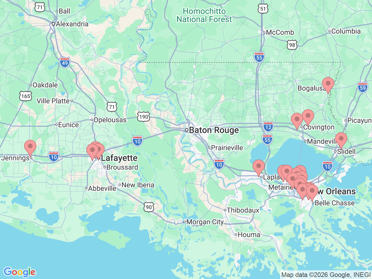 Map of Ochsner-affiliated facilities that provide services related to Chronic Care Management