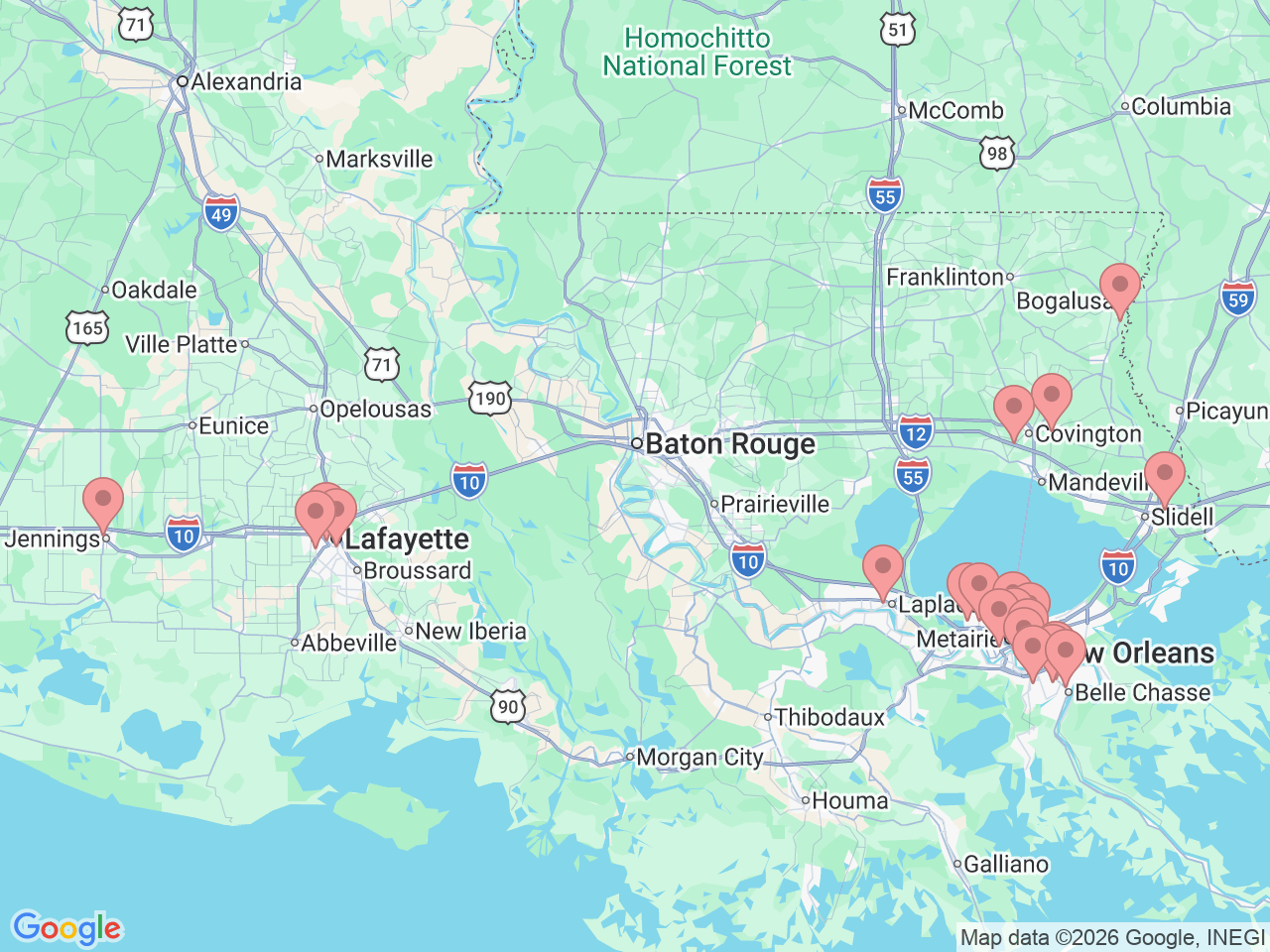 Map of Ochsner-affiliated facilities that provide services related to Chronic Care Management