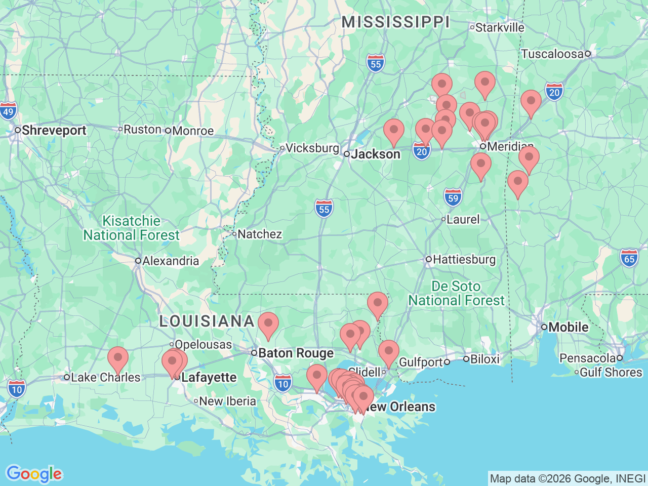 Map of Ochsner-affiliated facilities that provide services related to Chronic Care Management