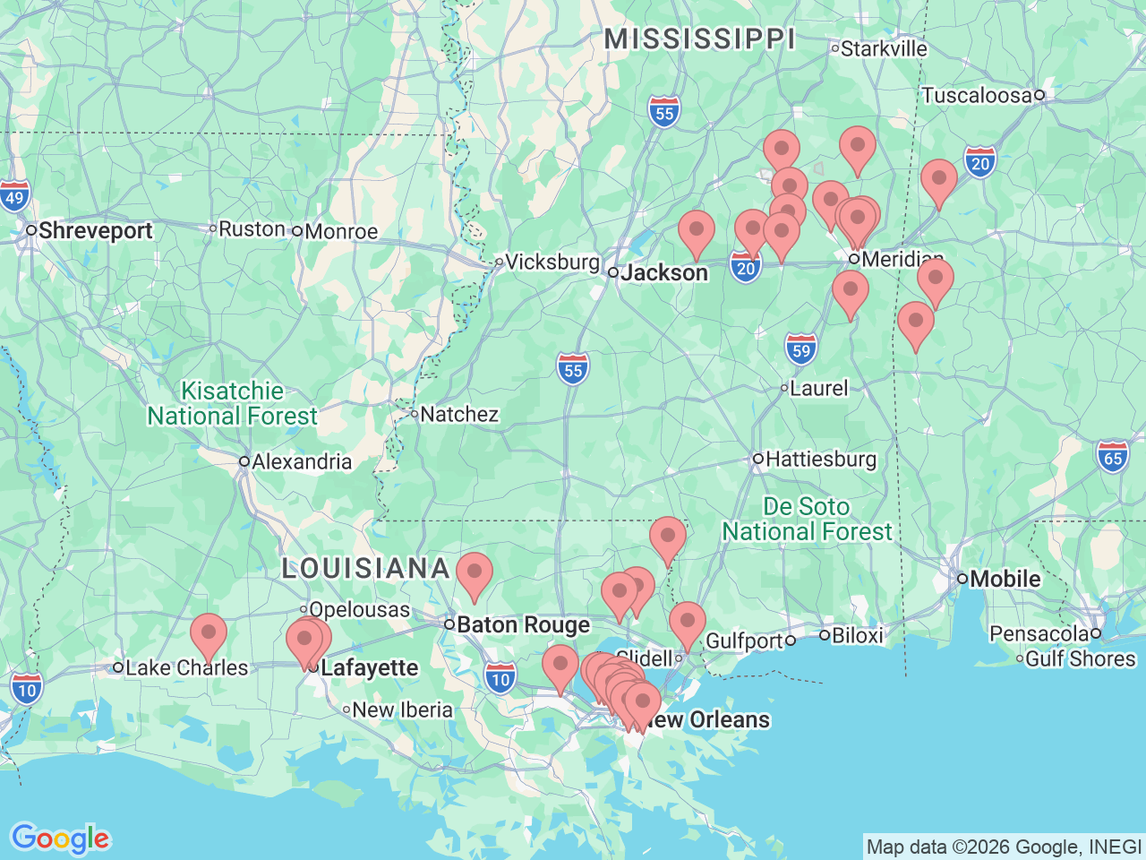 Map of Ochsner-affiliated facilities that provide services related to Chronic Care Management