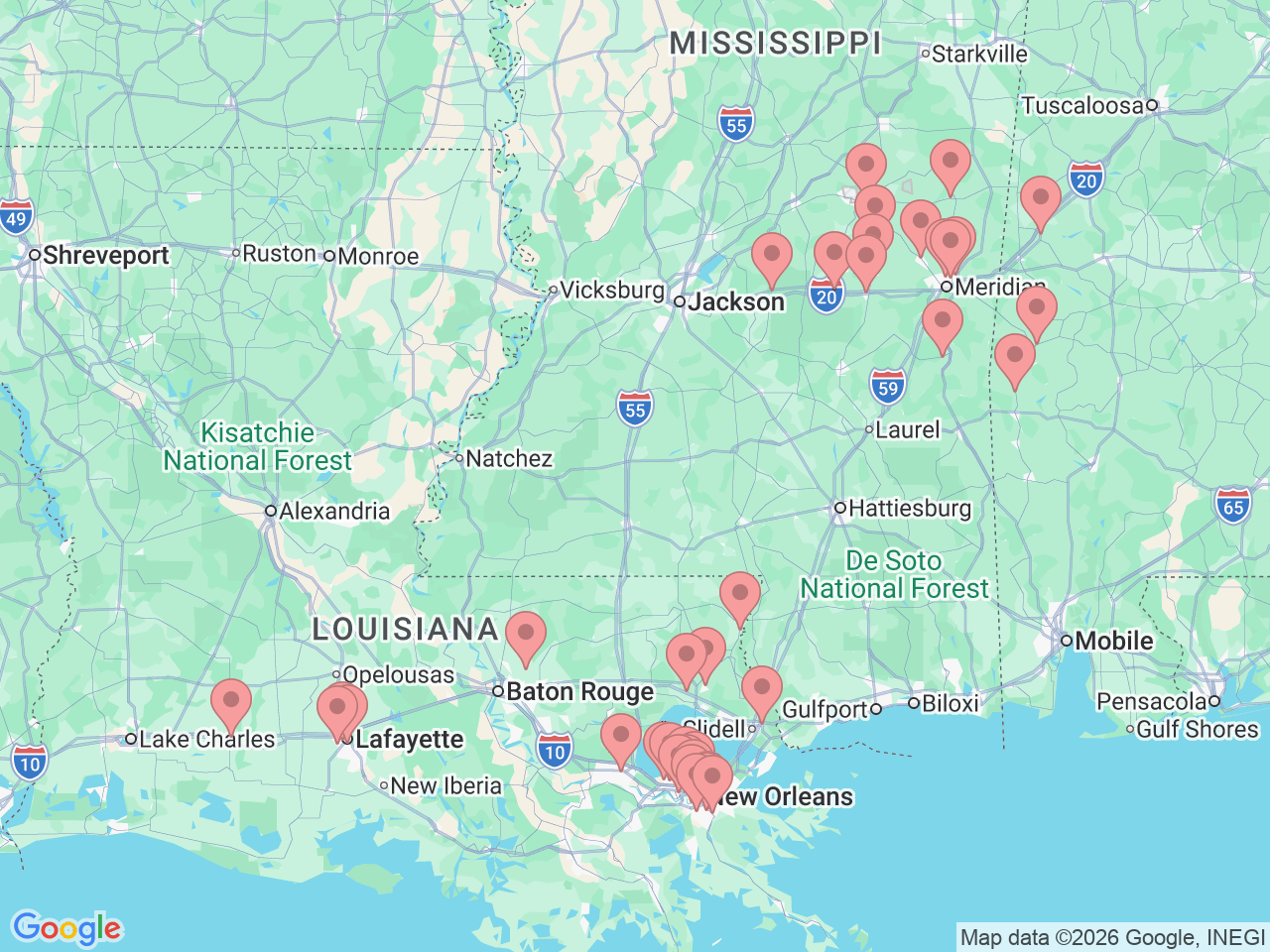 Map of Ochsner-affiliated facilities that provide services related to Chronic Care Management