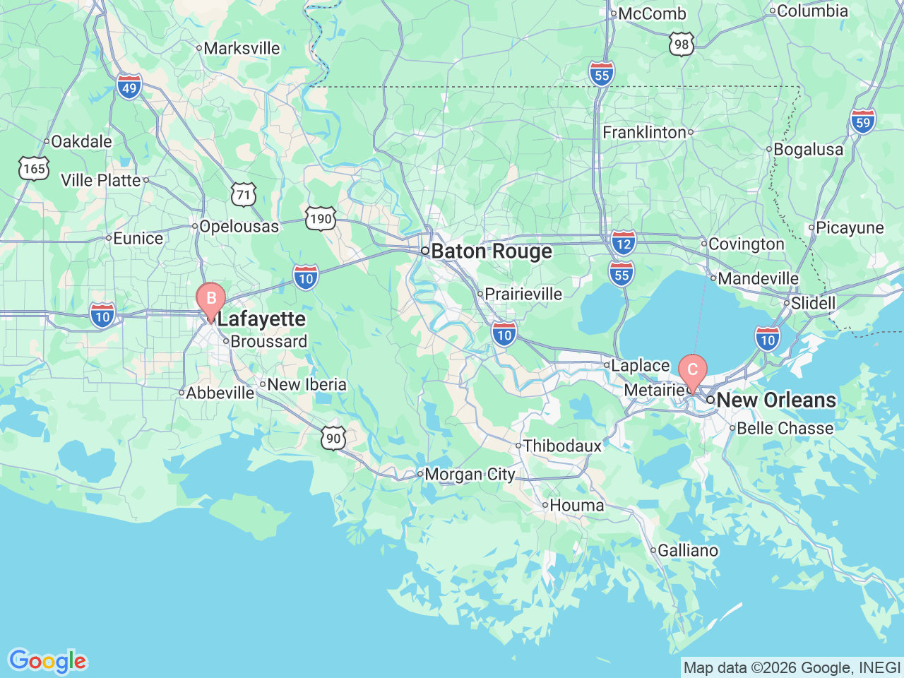 Map of Ochsner-affiliated facilities that provide services related to Chronic Total Occlusion Percutaneous Coronary Intervention (CTO PCI)