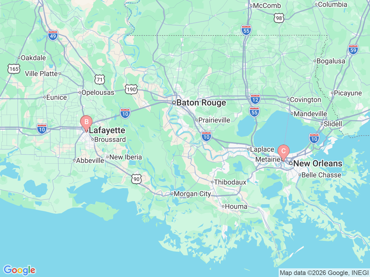 Map of Ochsner-affiliated facilities that provide services related to Chronic Total Occlusion Percutaneous Coronary Intervention (CTO PCI)