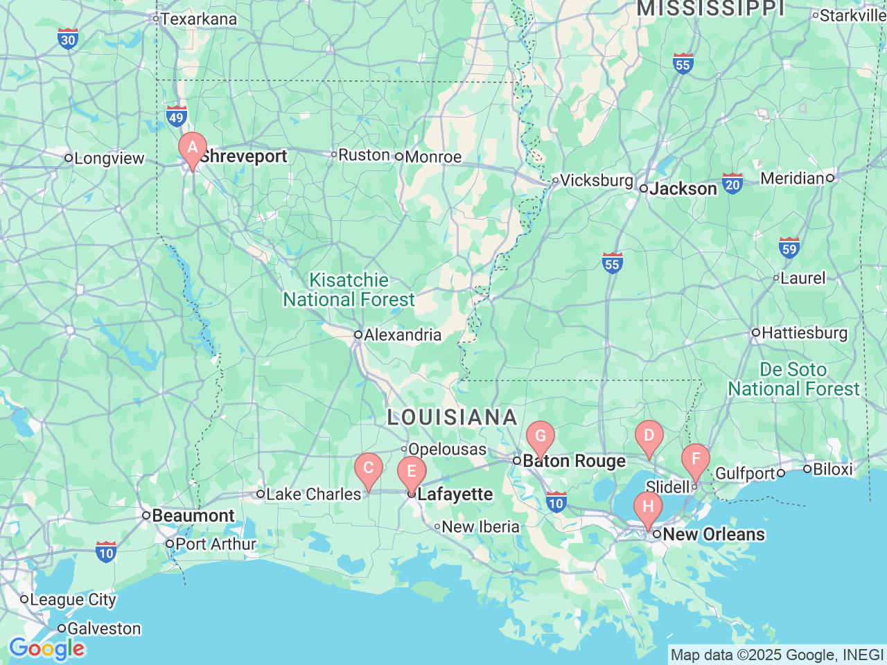 Map of Ochsner-affiliated facilities that provide services related to Colon, Rectal and Anal Cancer