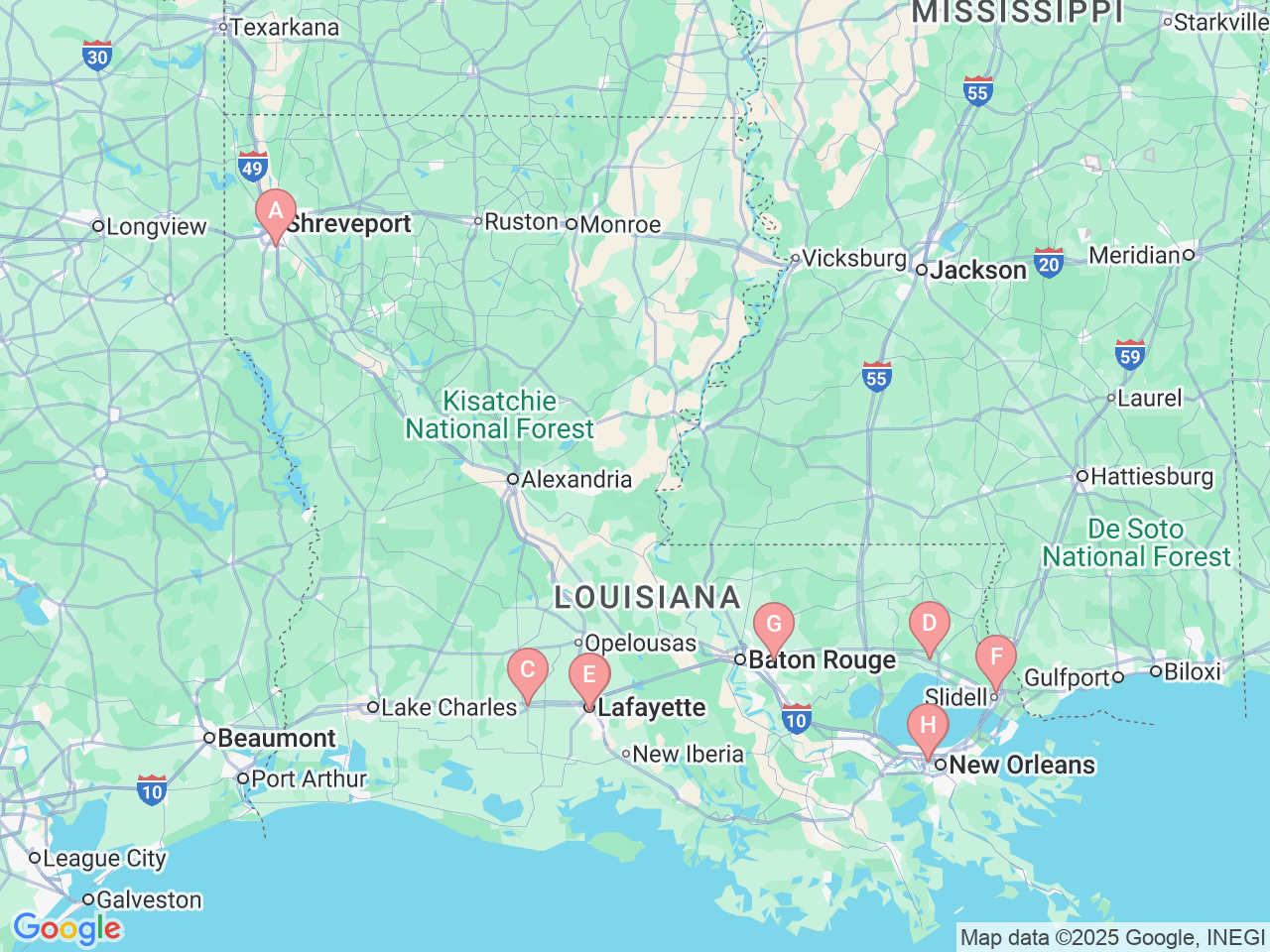 Map of Ochsner-affiliated facilities that provide services related to Colon, Rectal and Anal Cancer