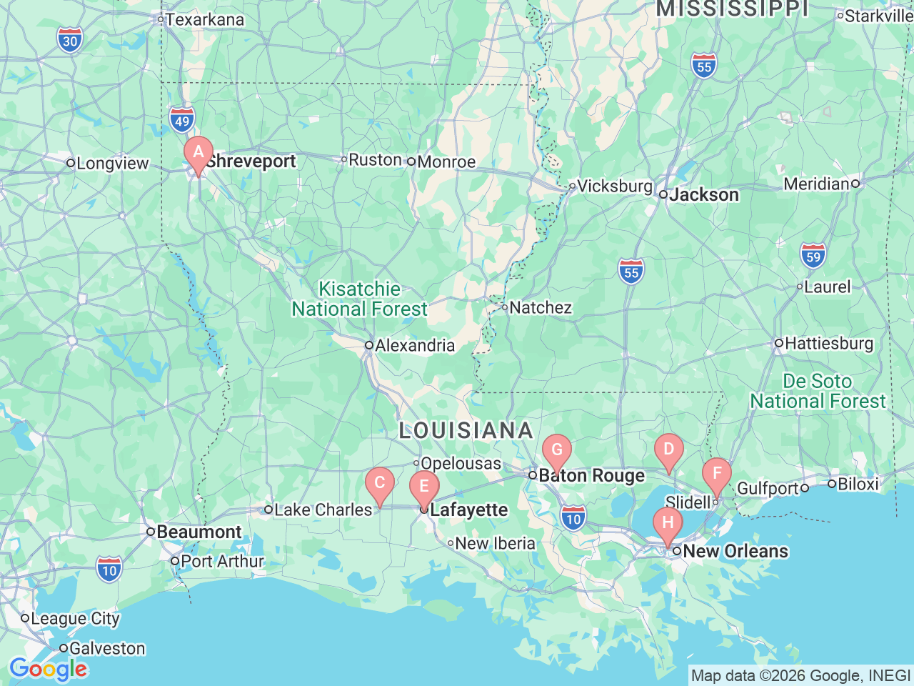 Map of Ochsner-affiliated facilities that provide services related to Colon, Rectal and Anal Cancer