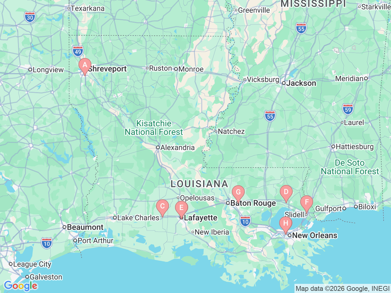Map of Ochsner-affiliated facilities that provide services related to Colon, Rectal and Anal Cancer
