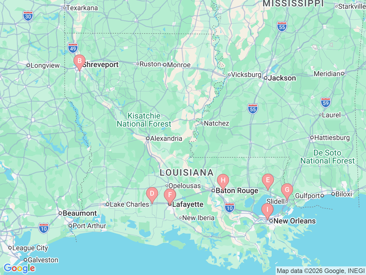 Map of Ochsner-affiliated facilities that provide services related to Colon, Rectal and Anal Cancer