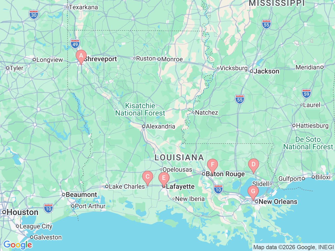Map of Ochsner-affiliated facilities that provide services related to Colon, Rectal and Anal Cancer