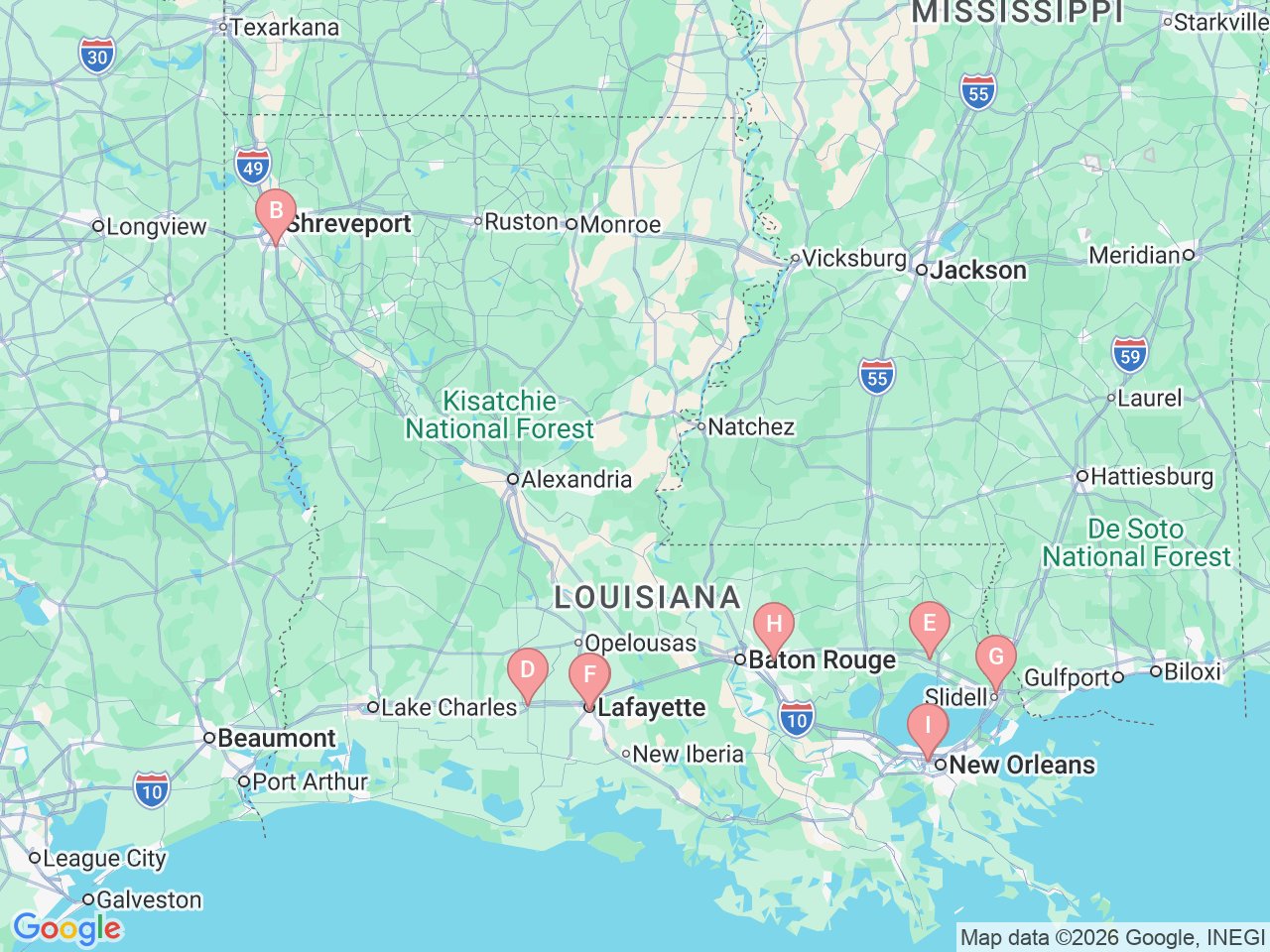 Map of Ochsner-affiliated facilities that provide services related to Colon, Rectal and Anal Cancer