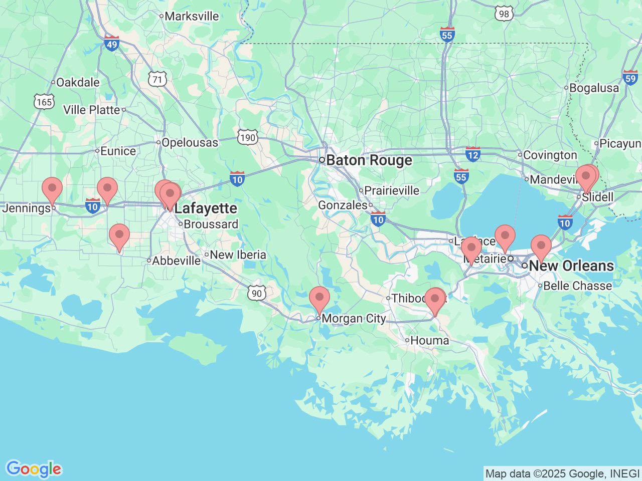 Map of Ochsner-affiliated facilities that provide services related to Colon and Rectal Surgery