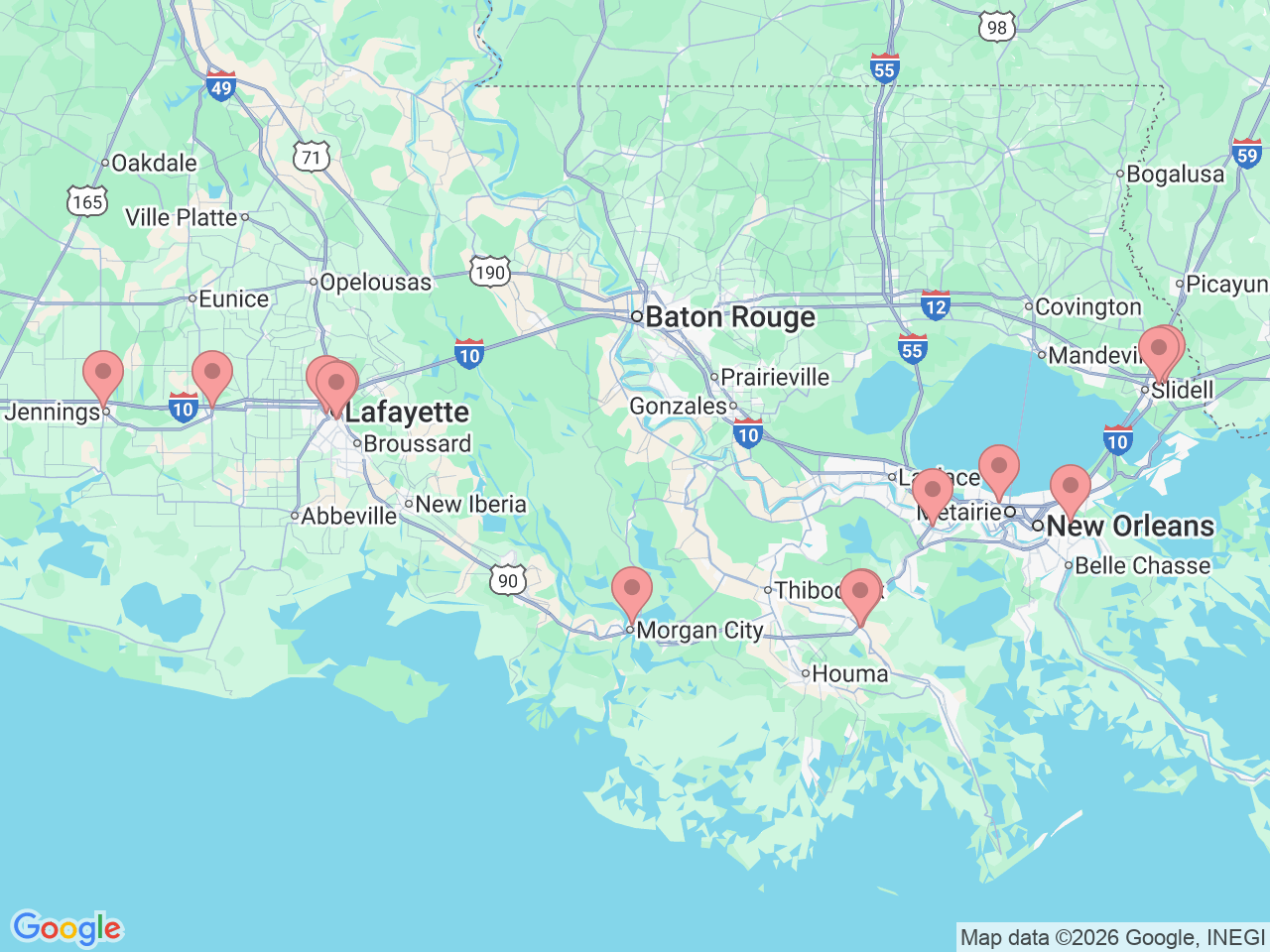 Map of Ochsner-affiliated facilities that provide services related to Colon and Rectal Surgery