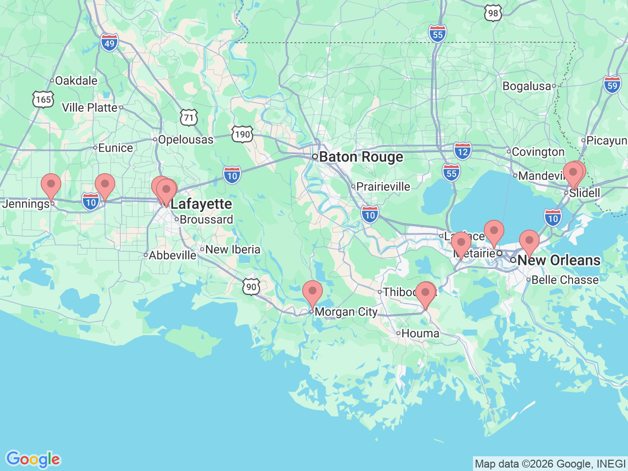 Map of Ochsner-affiliated facilities that provide services related to Colon and Rectal Surgery