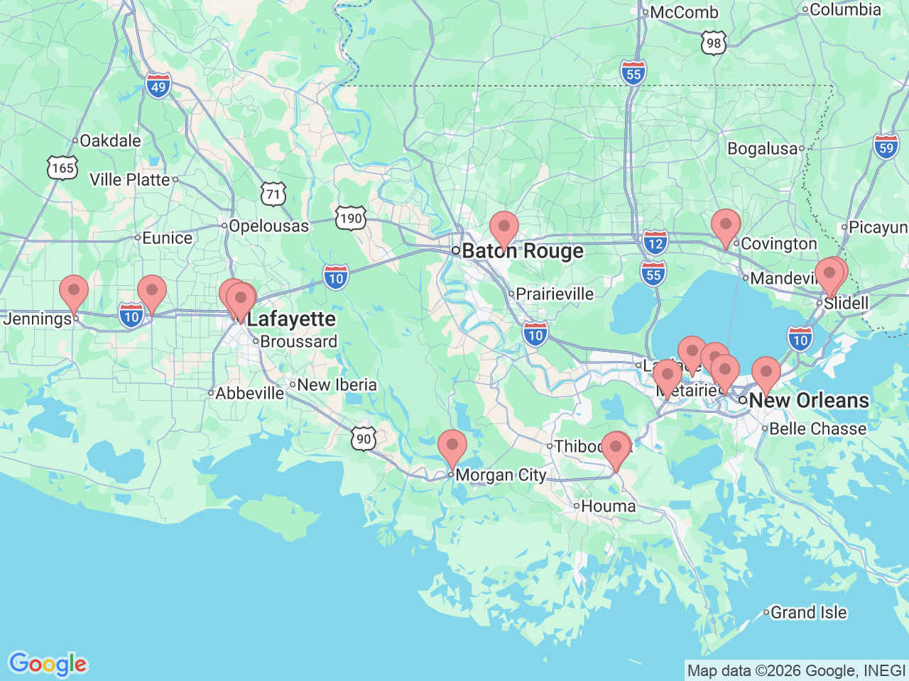 Map of Ochsner-affiliated facilities that provide services related to Colon and Rectal Surgery