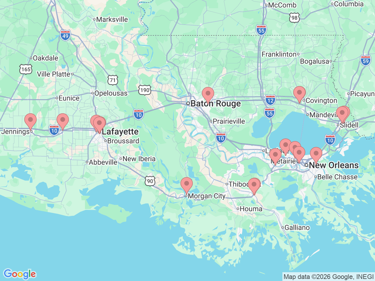 Map of Ochsner-affiliated facilities that provide services related to Colon and Rectal Surgery