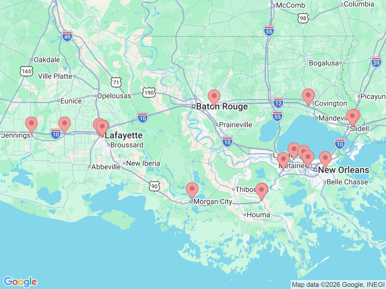 Map of Ochsner-affiliated facilities that provide services related to Colon and Rectal Surgery