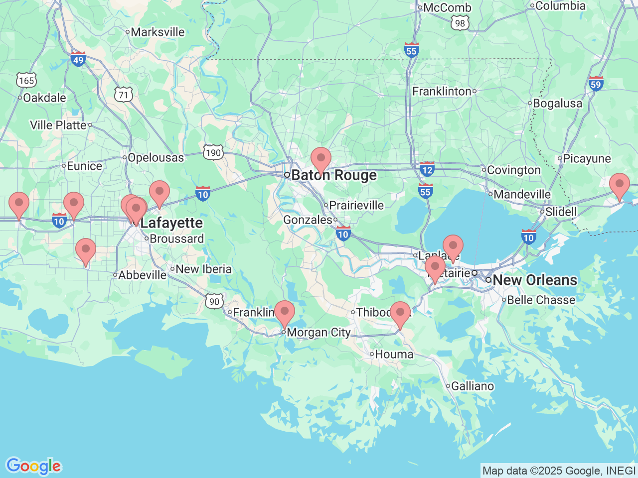 Map of Ochsner-affiliated facilities that provide services related to Colonoscopy