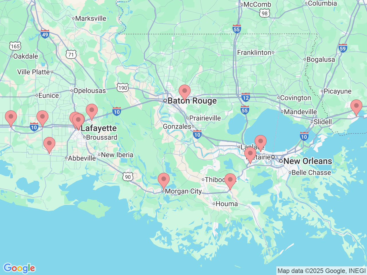 Map of Ochsner-affiliated facilities that provide services related to Colonoscopy