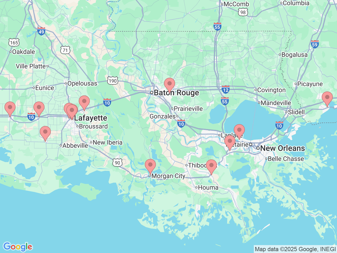 Map of Ochsner-affiliated facilities that provide services related to Colonoscopy