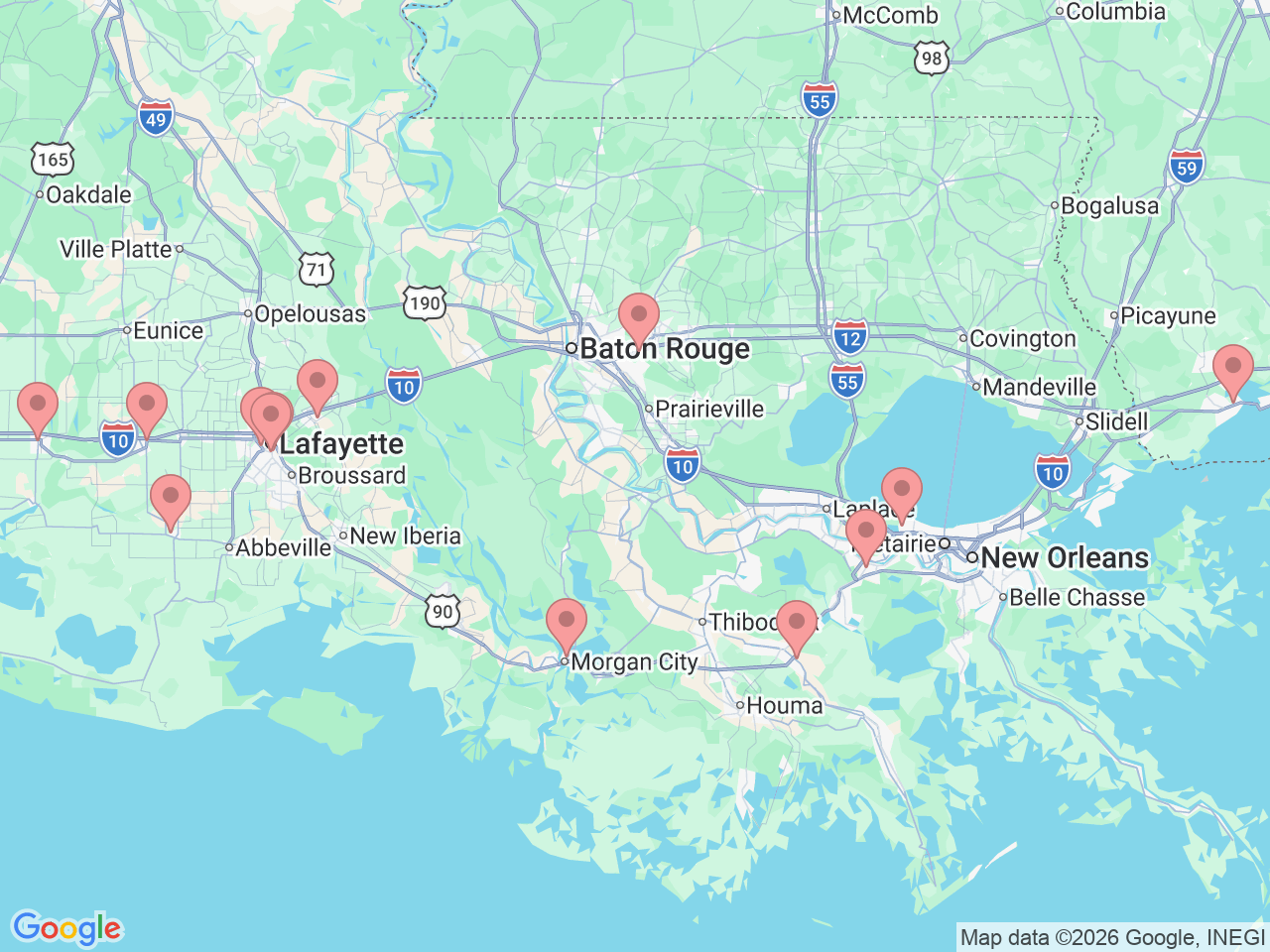 Map of Ochsner-affiliated facilities that provide services related to Colonoscopy