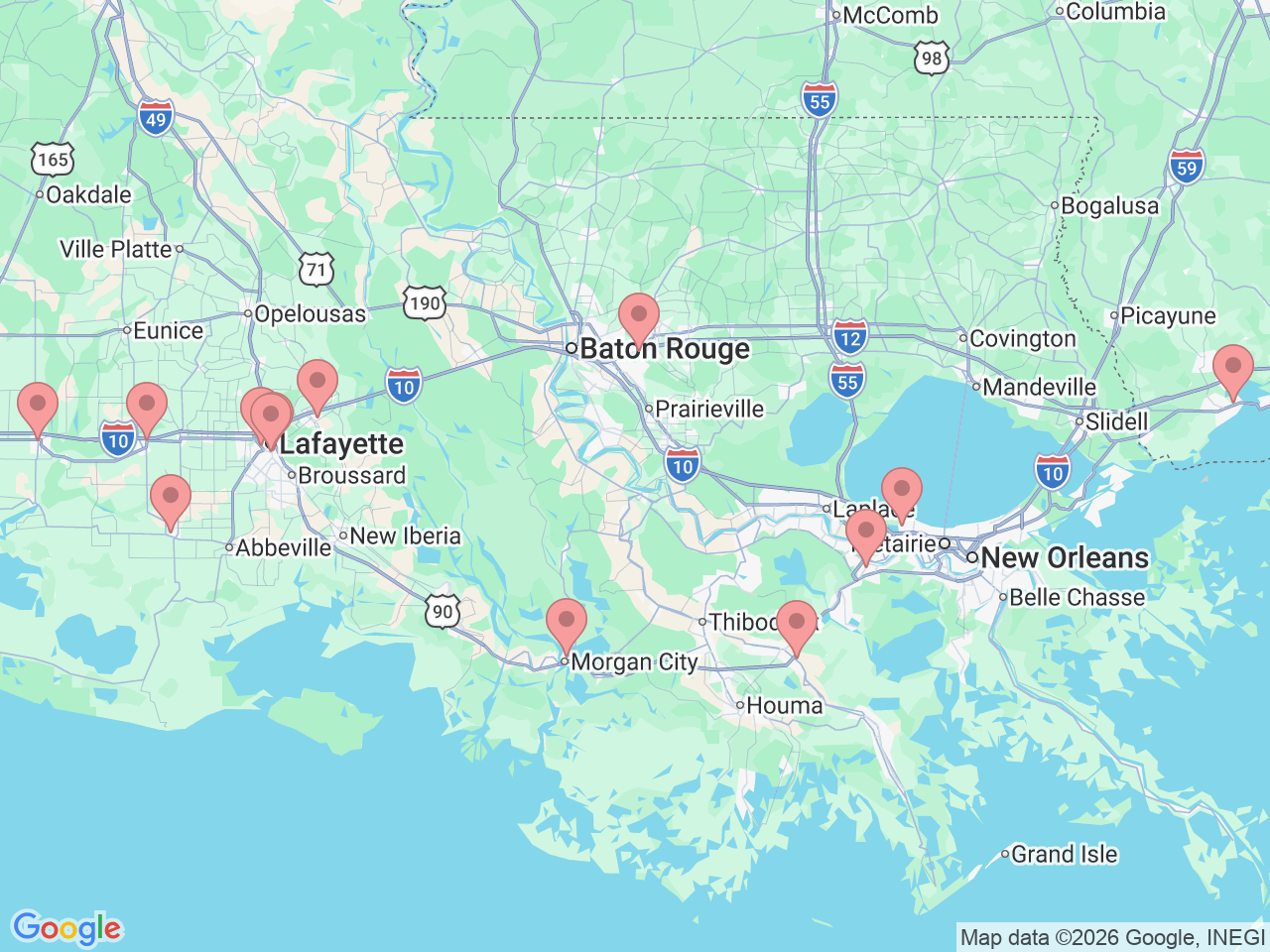Map of Ochsner-affiliated facilities that provide services related to Colonoscopy