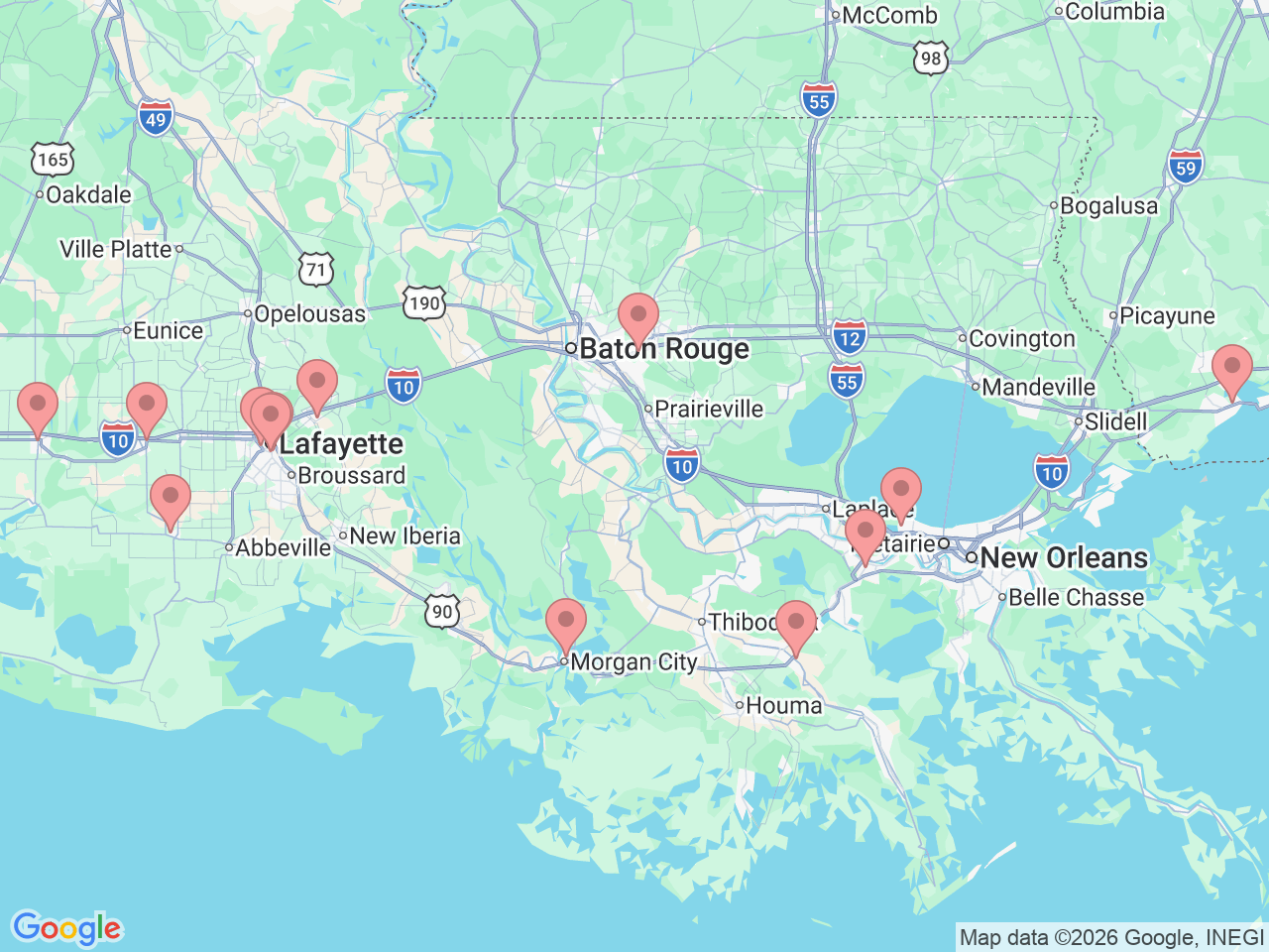 Map of Ochsner-affiliated facilities that provide services related to Colonoscopy