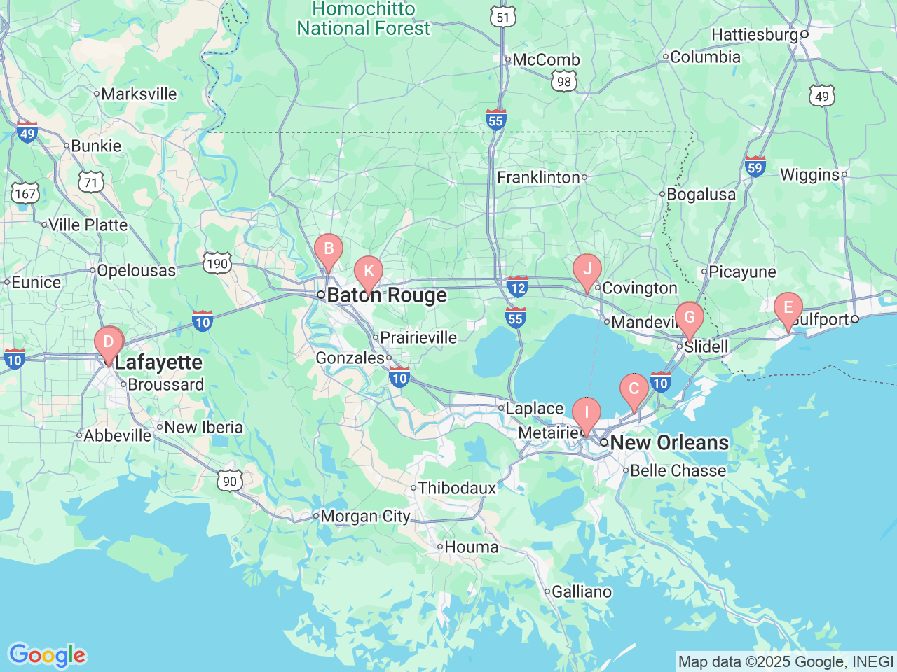 Map of Ochsner-affiliated facilities that provide services related to Comprehensive Weight Loss