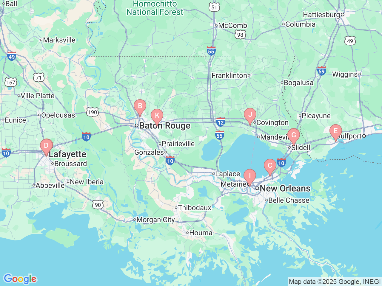 Map of Ochsner-affiliated facilities that provide services related to Comprehensive Weight Loss