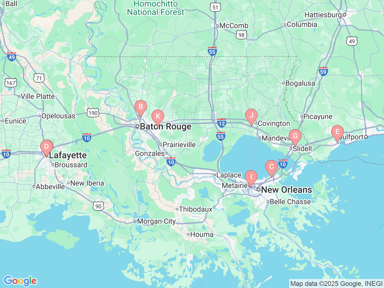 Map of Ochsner-affiliated facilities that provide services related to Comprehensive Weight Loss