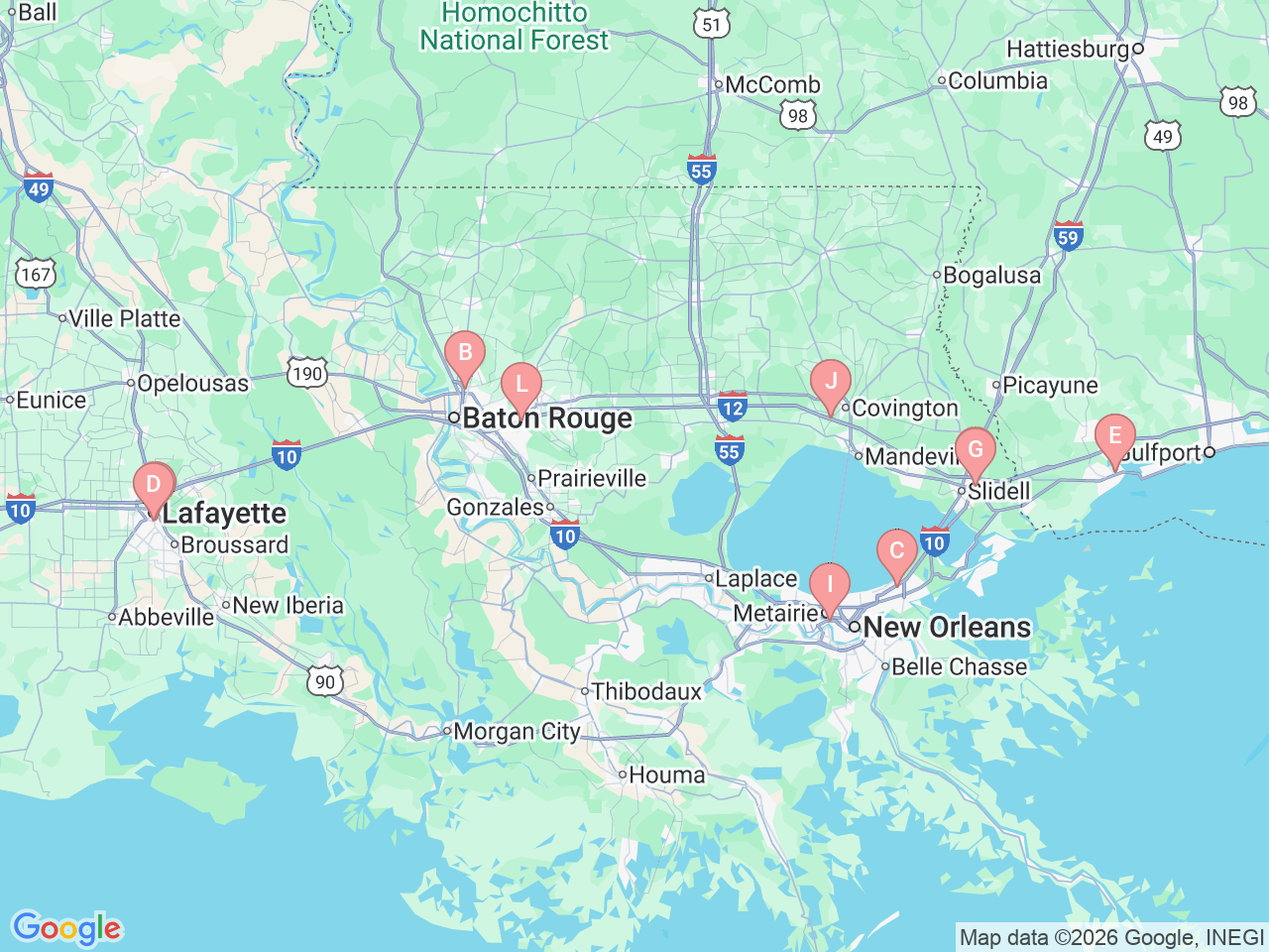 Map of Ochsner-affiliated facilities that provide services related to Comprehensive Weight Loss