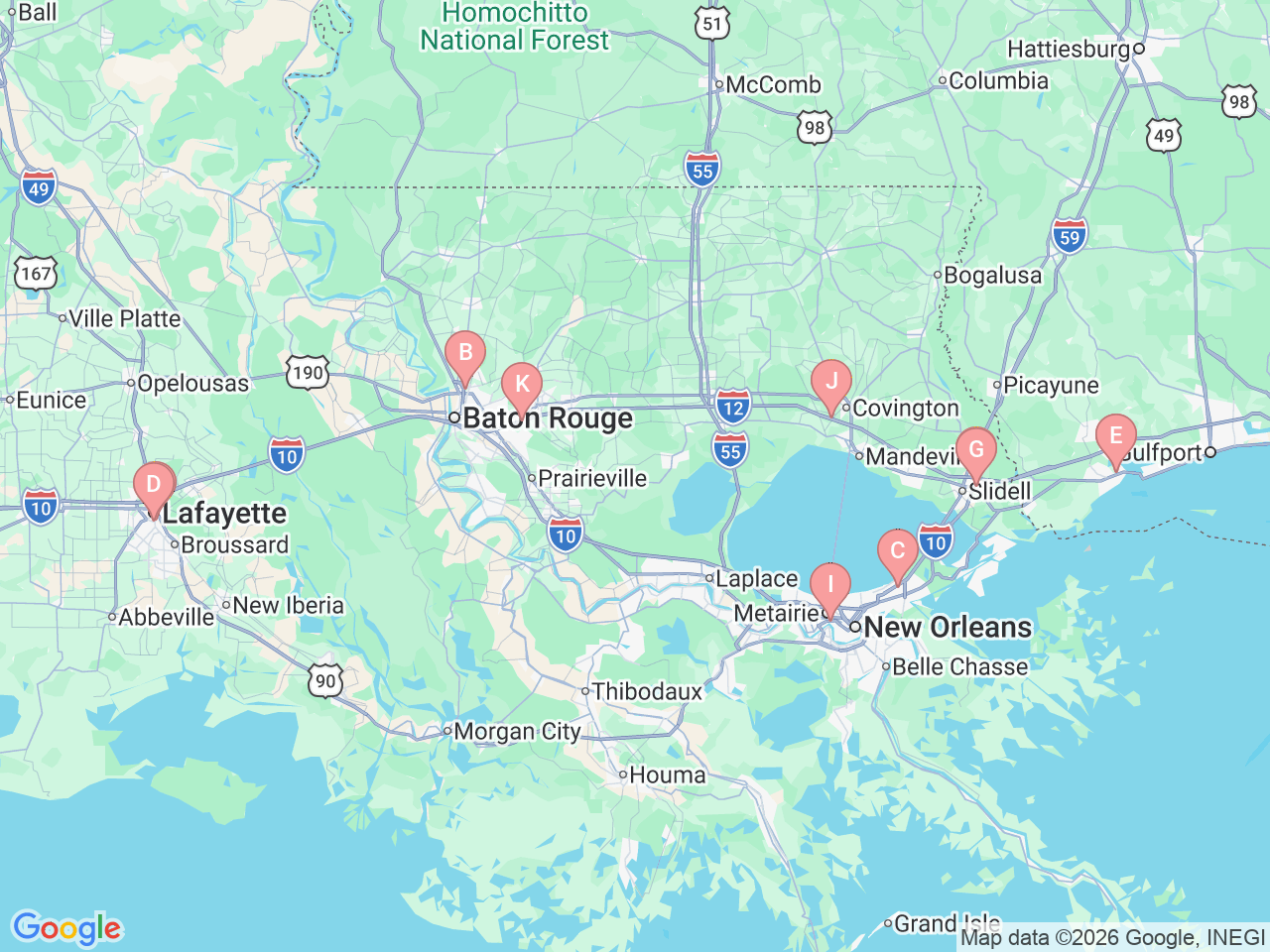 Map of Ochsner-affiliated facilities that provide services related to Comprehensive Weight Loss
