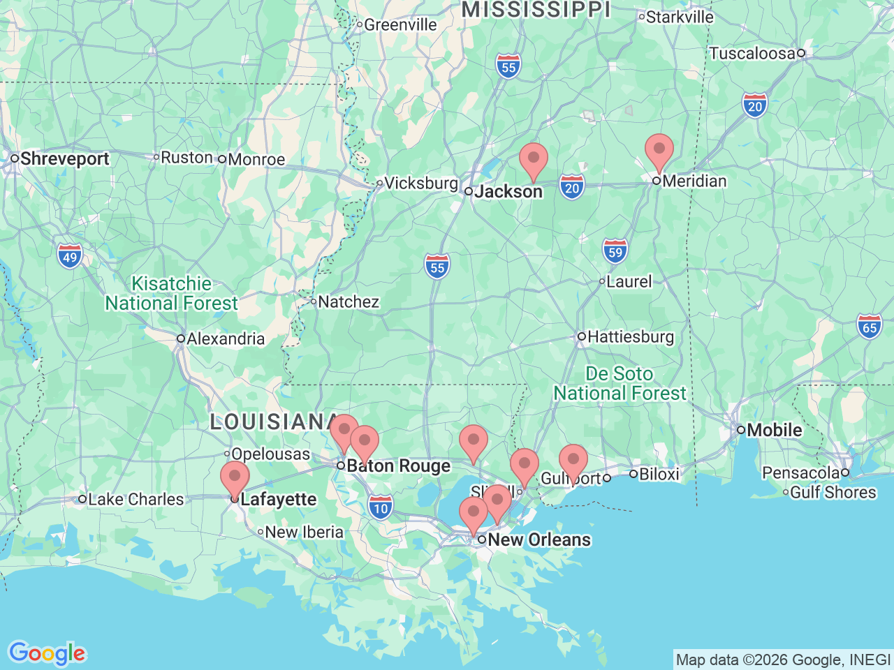 Map of Ochsner-affiliated facilities that provide services related to Comprehensive Weight Loss