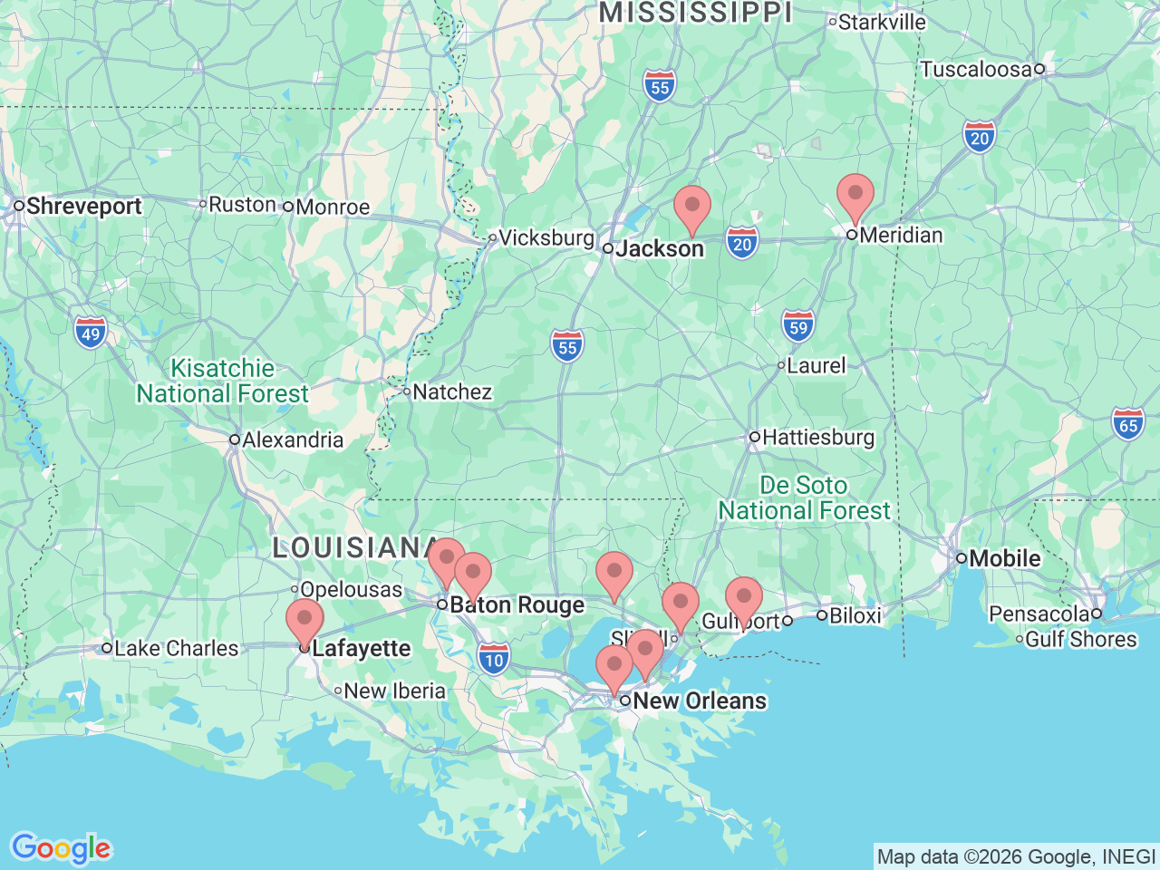 Map of Ochsner-affiliated facilities that provide services related to Comprehensive Weight Loss