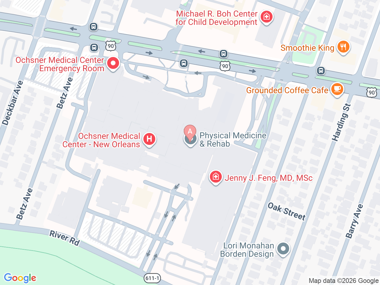 Map of Ochsner-affiliated facilities that provide services related to Concierge Health