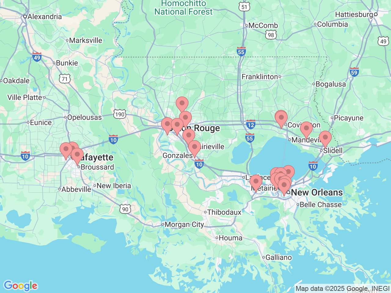 Map of Ochsner-affiliated facilities that provide services related to Concussion Management Program