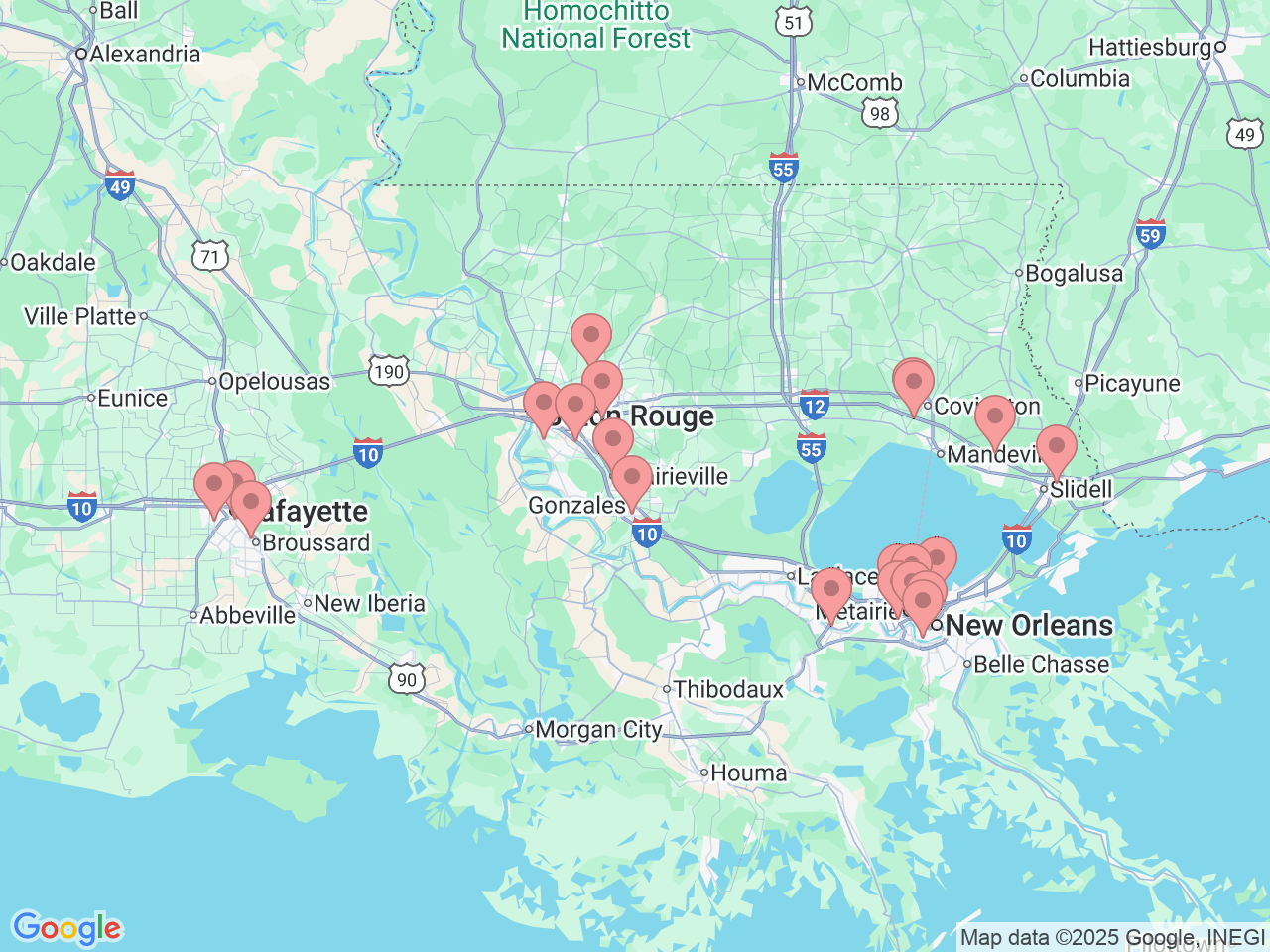 Map of Ochsner-affiliated facilities that provide services related to Concussion Management Program