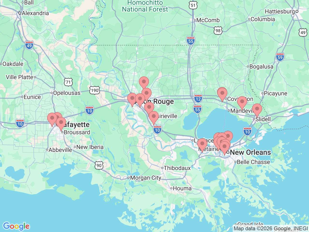 Map of Ochsner-affiliated facilities that provide services related to Concussion Management Program