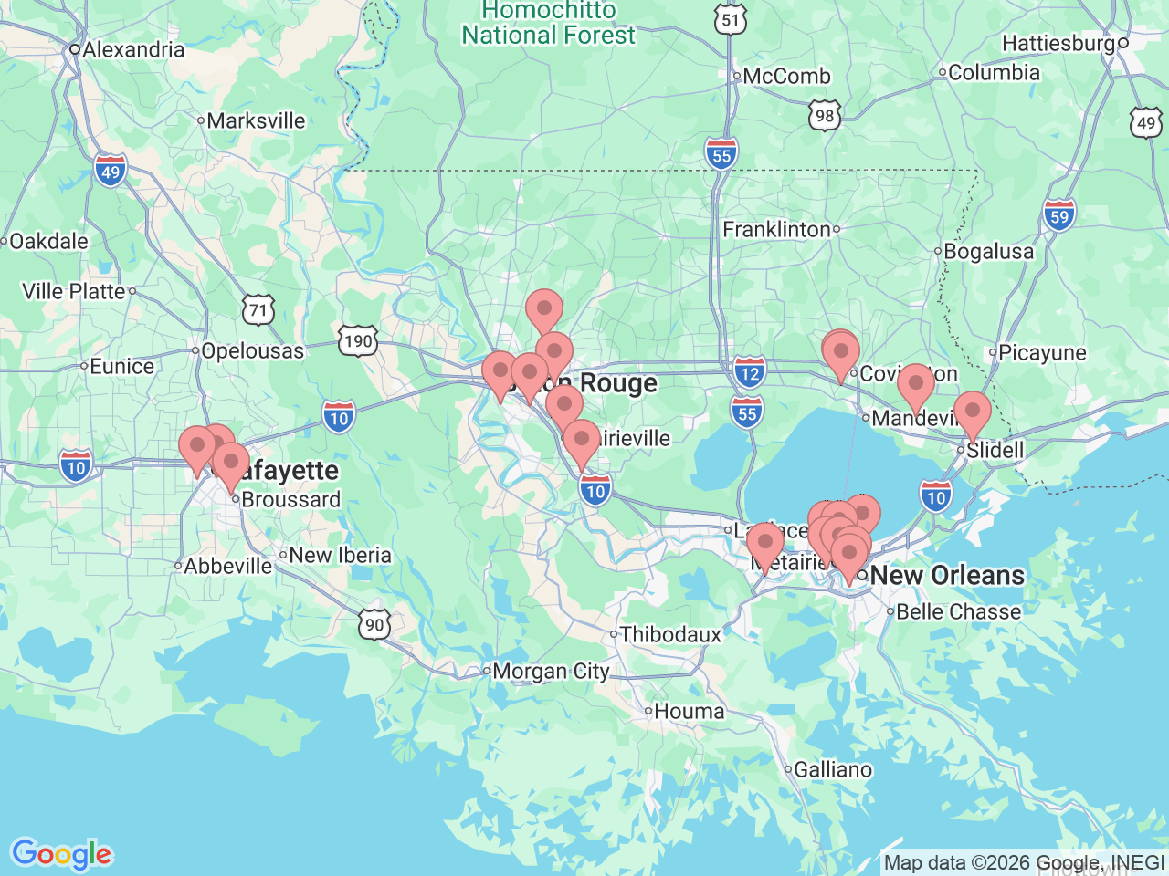 Map of Ochsner-affiliated facilities that provide services related to Concussion Management Program