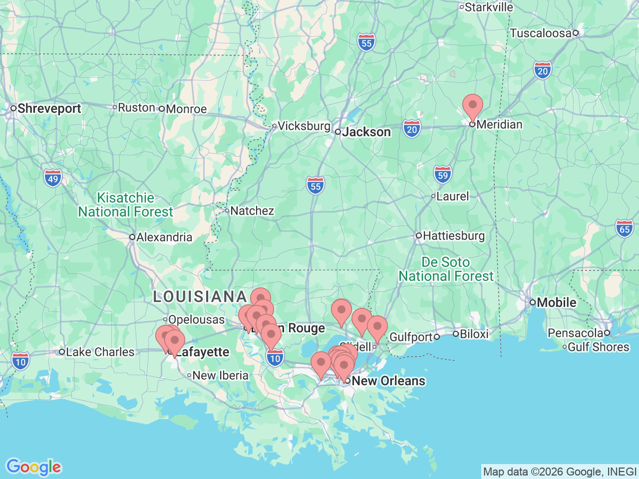 Map of Ochsner-affiliated facilities that provide services related to Concussion Management Program